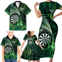 Personalised New Zealand Darts Family Matching Short Sleeve Bodycon Dress and Hawaiian Shirt Maori Koru Dartboard Green Flame LT05 - Polynesian Pride