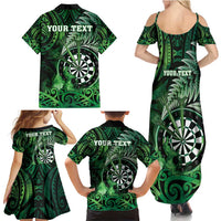 Personalised New Zealand Darts Family Matching Summer Maxi Dress and Hawaiian Shirt Maori Koru Dartboard Green Flame LT05 - Polynesian Pride