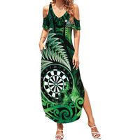 Personalised New Zealand Darts Family Matching Summer Maxi Dress and Hawaiian Shirt Maori Koru Dartboard Green Flame LT05 Mom's Dress Green - Polynesian Pride