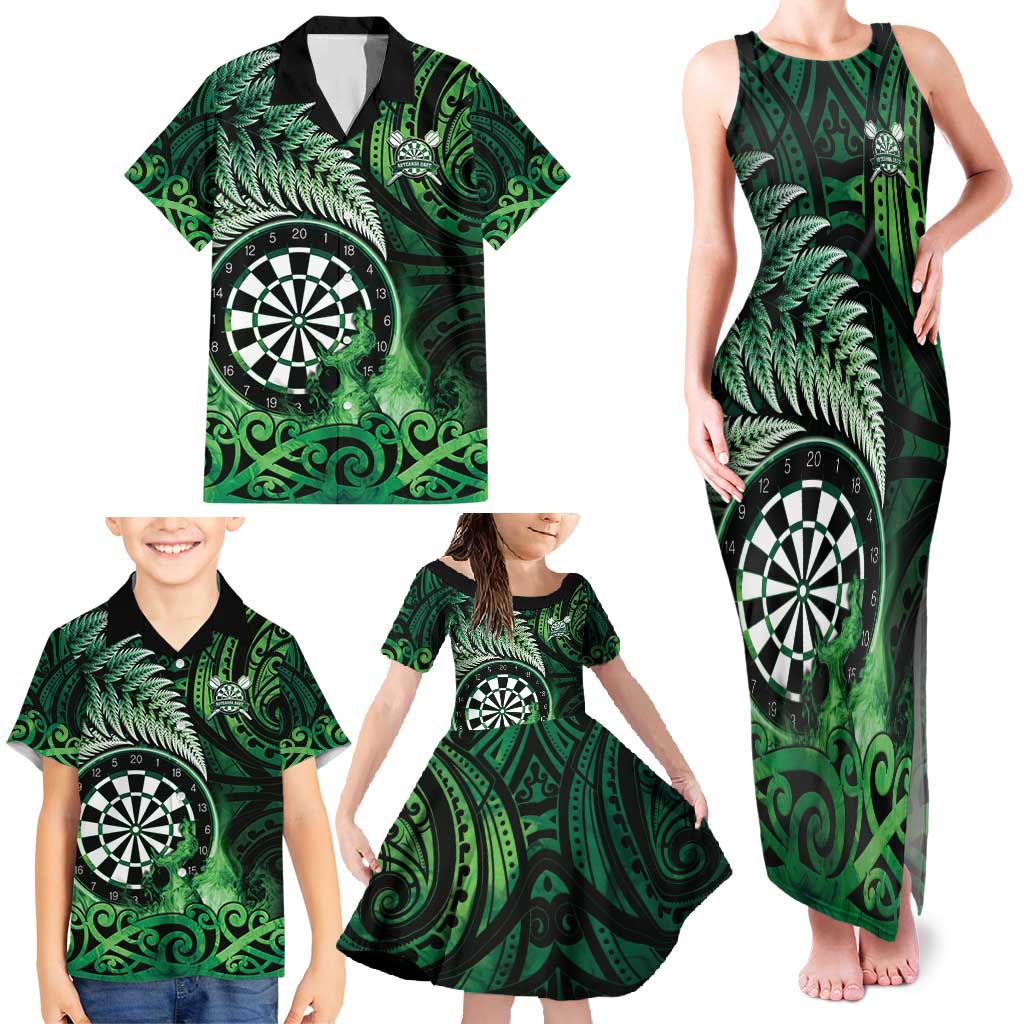 Personalised New Zealand Darts Family Matching Tank Maxi Dress and Hawaiian Shirt Maori Koru Dartboard Green Flame LT05 - Polynesian Pride