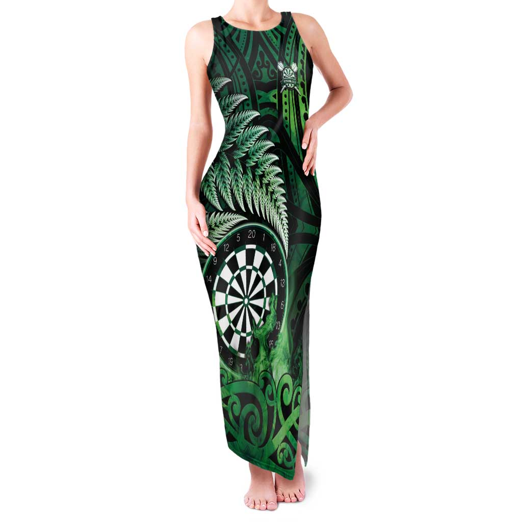 Personalised New Zealand Darts Family Matching Tank Maxi Dress and Hawaiian Shirt Maori Koru Dartboard Green Flame LT05 Mom's Dress Green - Polynesian Pride