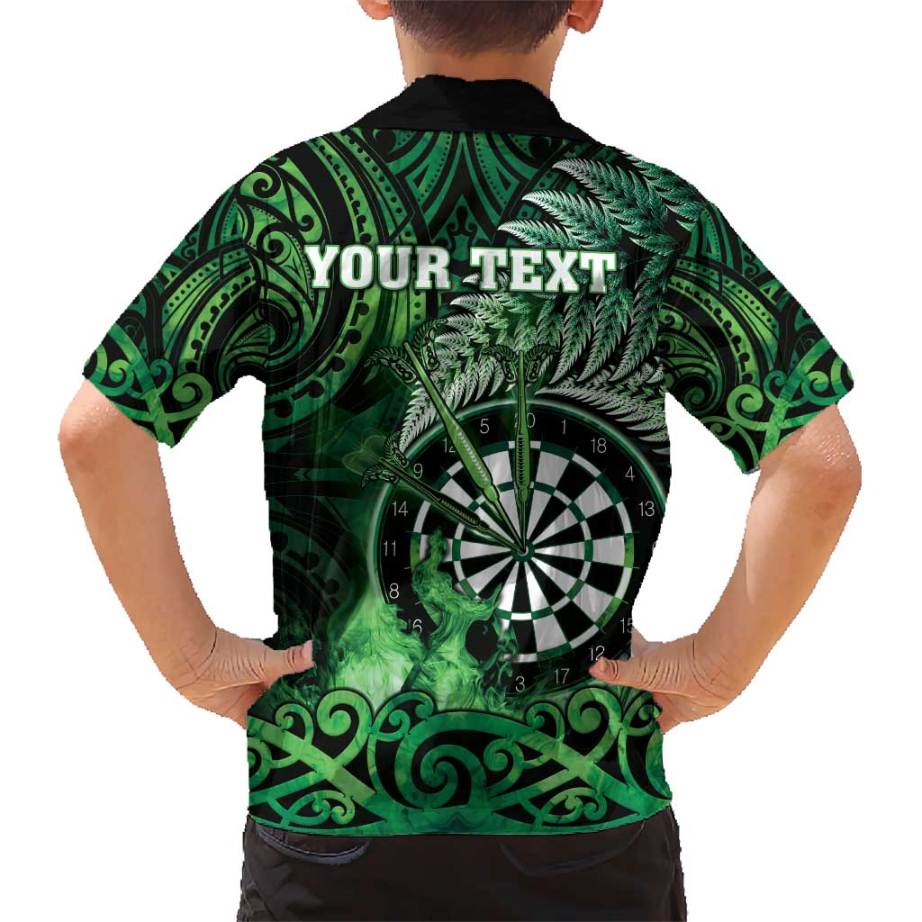 Personalised New Zealand Darts Kid Hawaiian Shirt Maori Koru Dartboard Green Flame