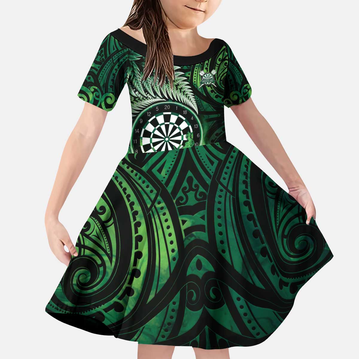 Personalised New Zealand Darts Kid Short Sleeve Dress Maori Koru Dartboard Green Flame LT05 KID Green - Polynesian Pride