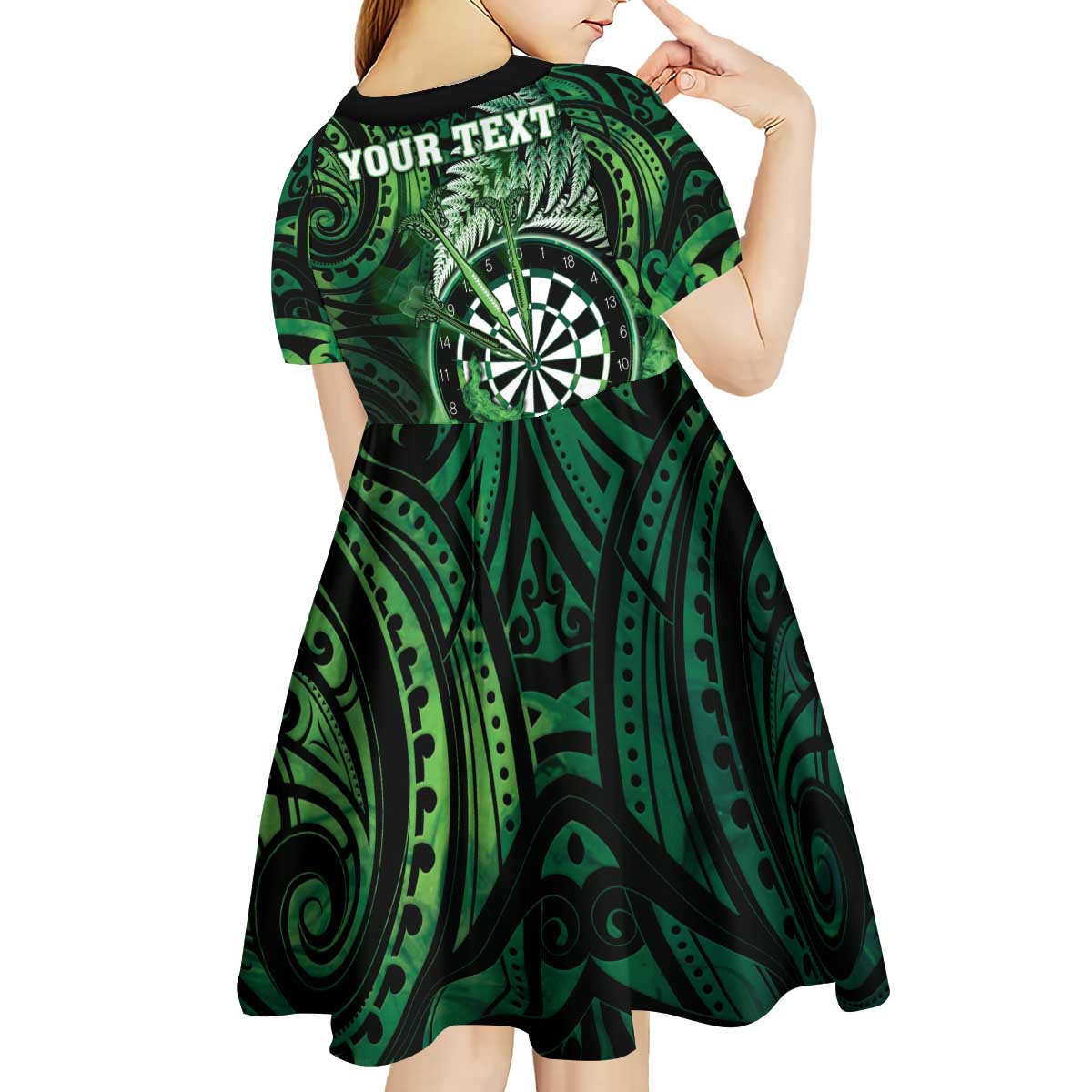 Personalised New Zealand Darts Kid Short Sleeve Dress Maori Koru Dartboard Green Flame LT05 - Polynesian Pride