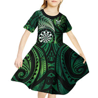 Personalised New Zealand Darts Kid Short Sleeve Dress Maori Koru Dartboard Green Flame LT05 - Polynesian Pride