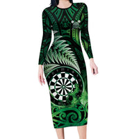 Personalised New Zealand Darts Long Sleeve Bodycon Dress Maori Koru Dartboard Green Flame LT05 Long Dress Green - Polynesian Pride