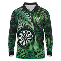 Personalised New Zealand Darts Long Sleeve Polo Shirt Maori Koru Dartboard Green Flame LT05 Green - Polynesian Pride