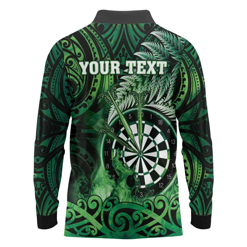 Personalised New Zealand Darts Long Sleeve Polo Shirt Maori Koru Dartboard Green Flame LT05 - Polynesian Pride