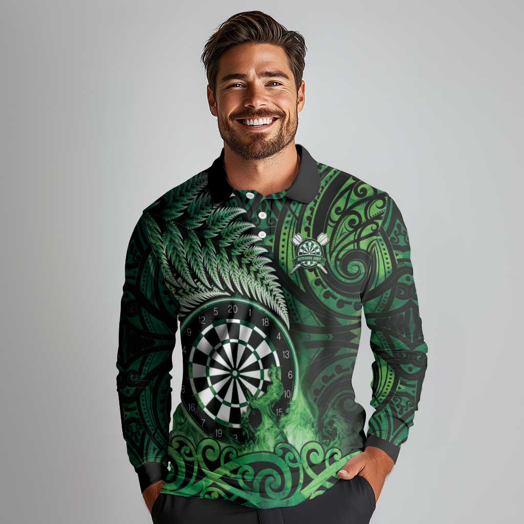 Personalised New Zealand Darts Long Sleeve Polo Shirt Maori Koru Dartboard Green Flame LT05 - Polynesian Pride
