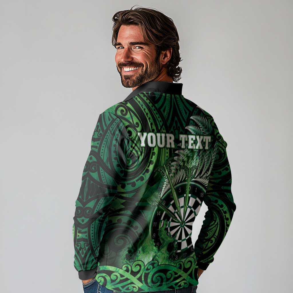 Personalised New Zealand Darts Long Sleeve Polo Shirt Maori Koru Dartboard Green Flame LT05 - Polynesian Pride