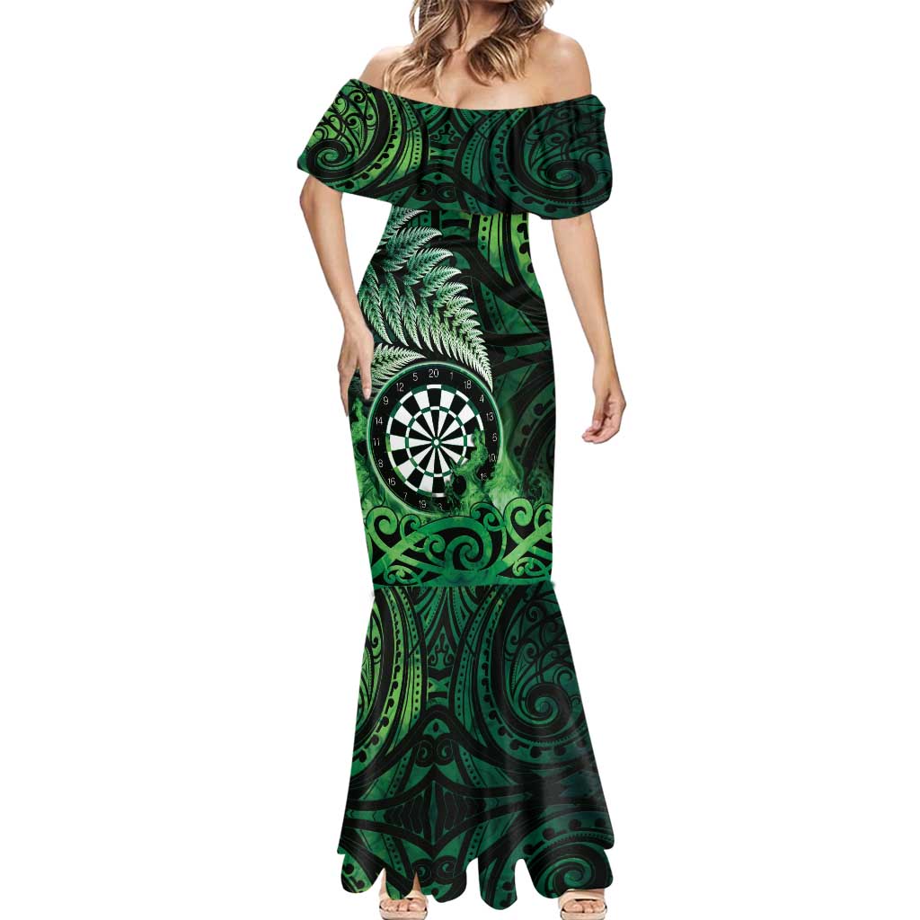 Personalised New Zealand Darts Mermaid Dress Maori Koru Dartboard Green Flame LT05 - Polynesian Pride