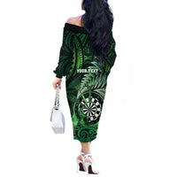 Personalised New Zealand Darts Off The Shoulder Long Sleeve Dress Maori Koru Dartboard Green Flame LT05 - Polynesian Pride
