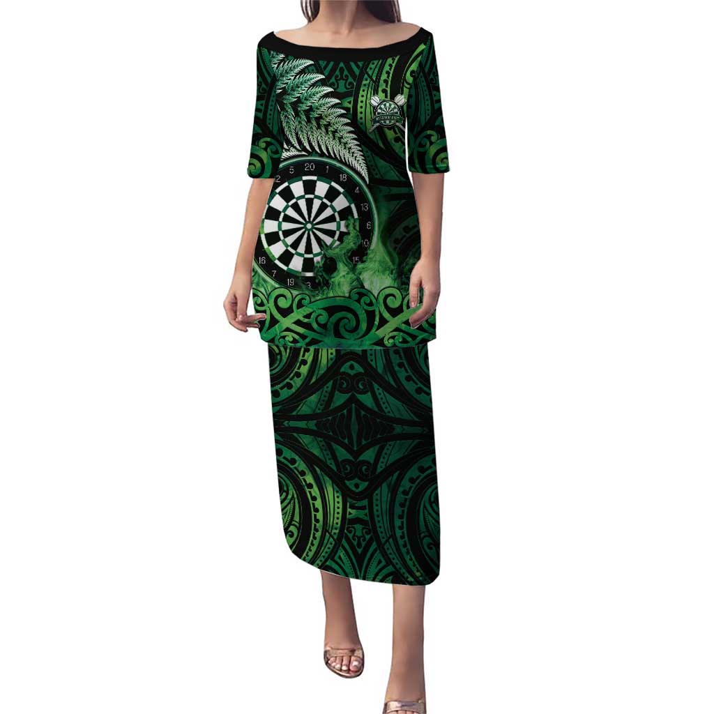 Personalised New Zealand Darts Puletasi Maori Koru Dartboard Green Flame LT05 Long Dress Green - Polynesian Pride