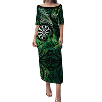 Personalised New Zealand Darts Puletasi Maori Koru Dartboard Green Flame LT05 Long Dress Green - Polynesian Pride