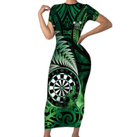 Personalised New Zealand Darts Short Sleeve Bodycon Dress Maori Koru Dartboard Green Flame LT05 Long Dress Green - Polynesian Pride