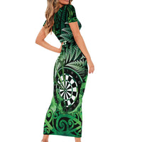 Personalised New Zealand Darts Short Sleeve Bodycon Dress Maori Koru Dartboard Green Flame LT05 - Polynesian Pride