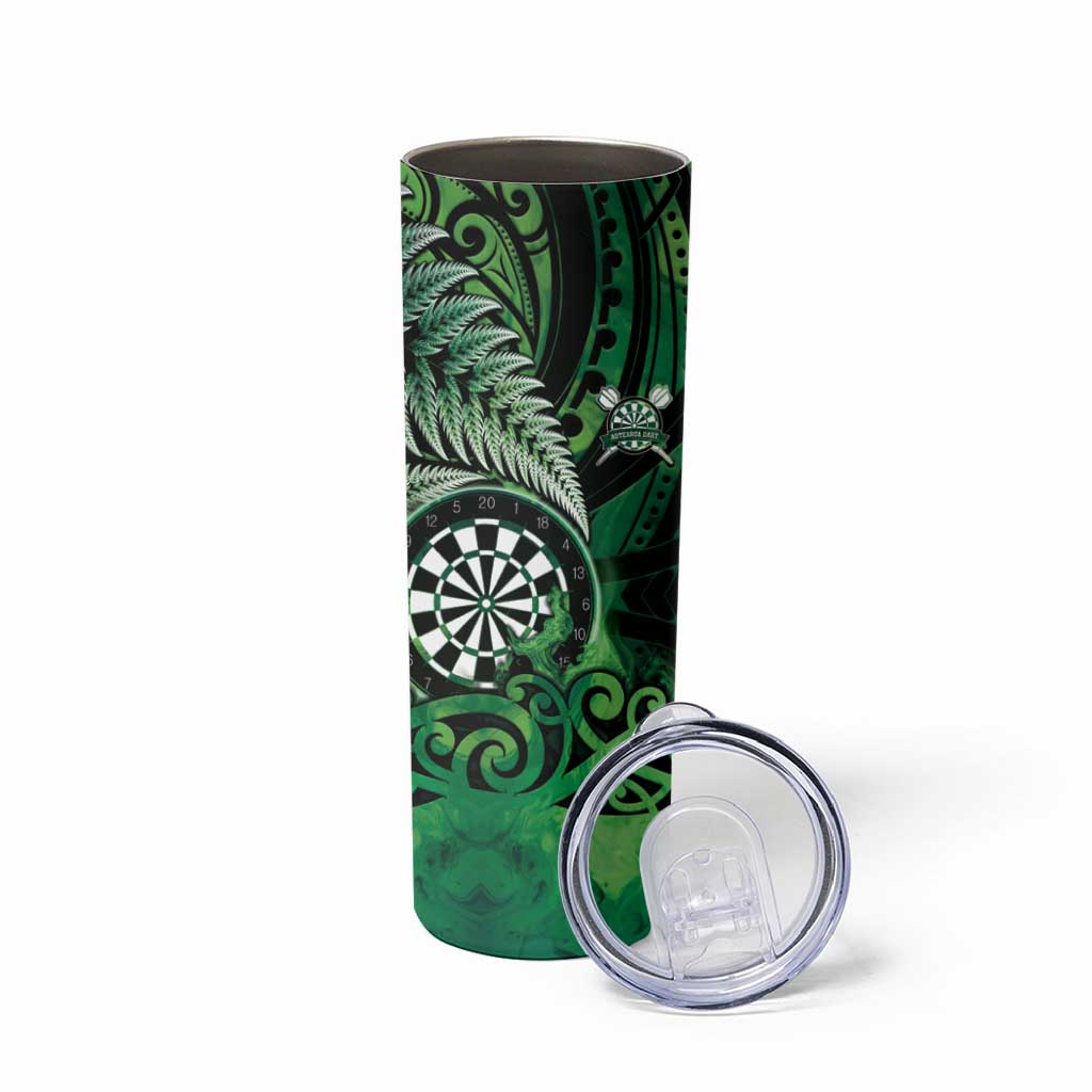 Personalised New Zealand Darts Skinny Tumbler Maori Koru Dartboard Green Flame LT05 - Polynesian Pride