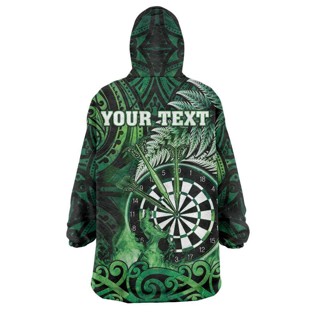 Personalised New Zealand Darts Wearable Blanket Hoodie Maori Koru Dartboard Green Flame LT05 - Polynesian Pride