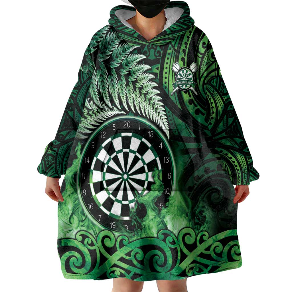 Personalised New Zealand Darts Wearable Blanket Hoodie Maori Koru Dartboard Green Flame LT05 - Polynesian Pride