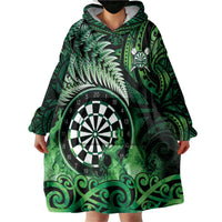 Personalised New Zealand Darts Wearable Blanket Hoodie Maori Koru Dartboard Green Flame LT05 - Polynesian Pride