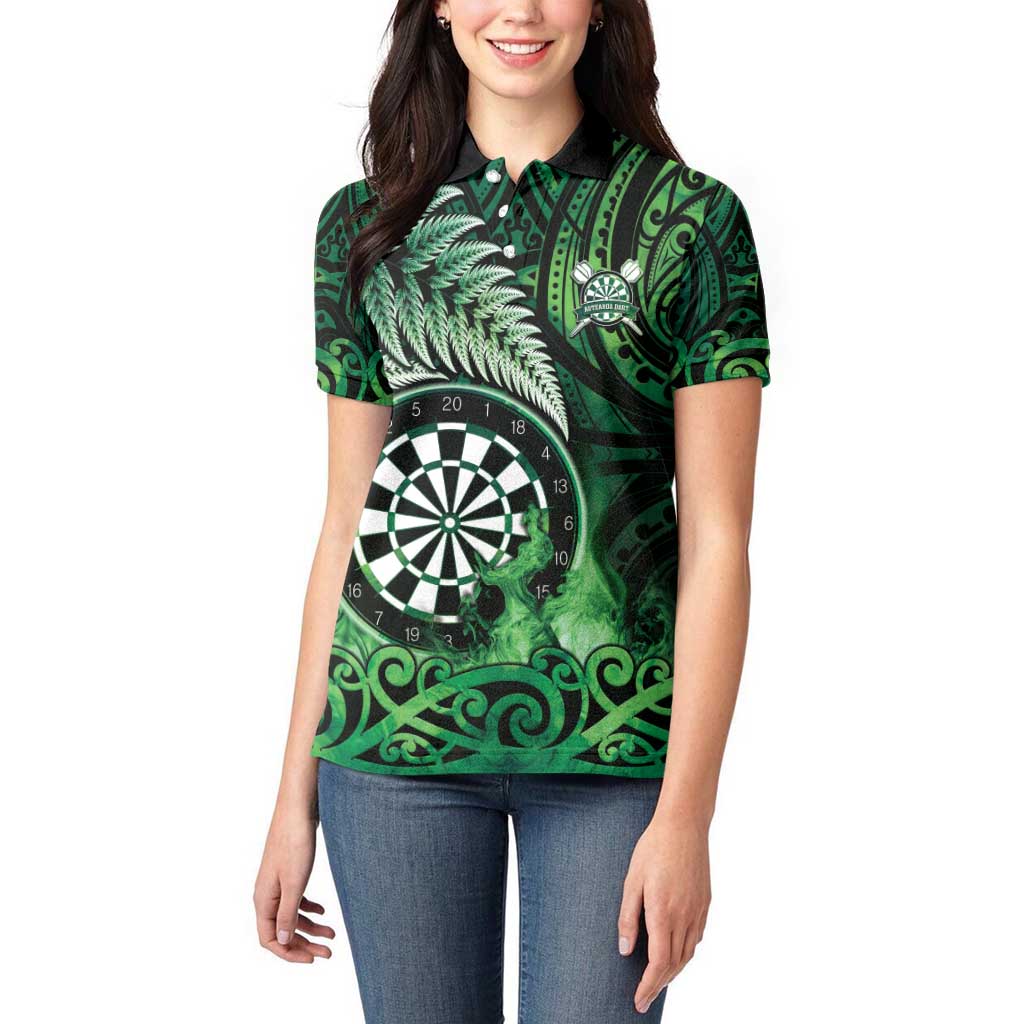Personalised New Zealand Darts Women Polo Shirt Maori Koru Dartboard Green Flame LT05 - Polynesian Pride