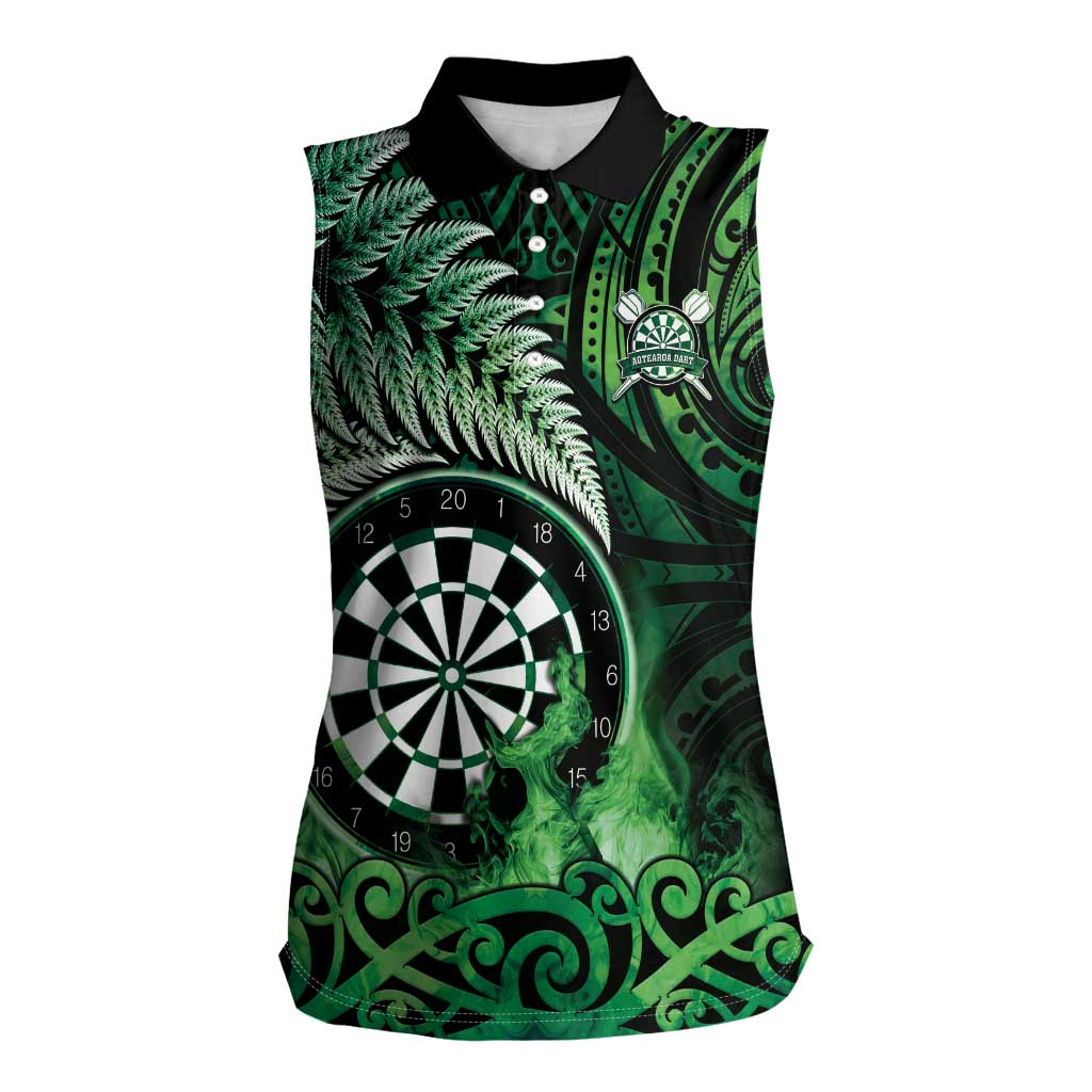 Personalised New Zealand Darts Women Sleeveless Polo Shirt Maori Koru Dartboard Green Flame LT05 Female Green - Polynesian Pride