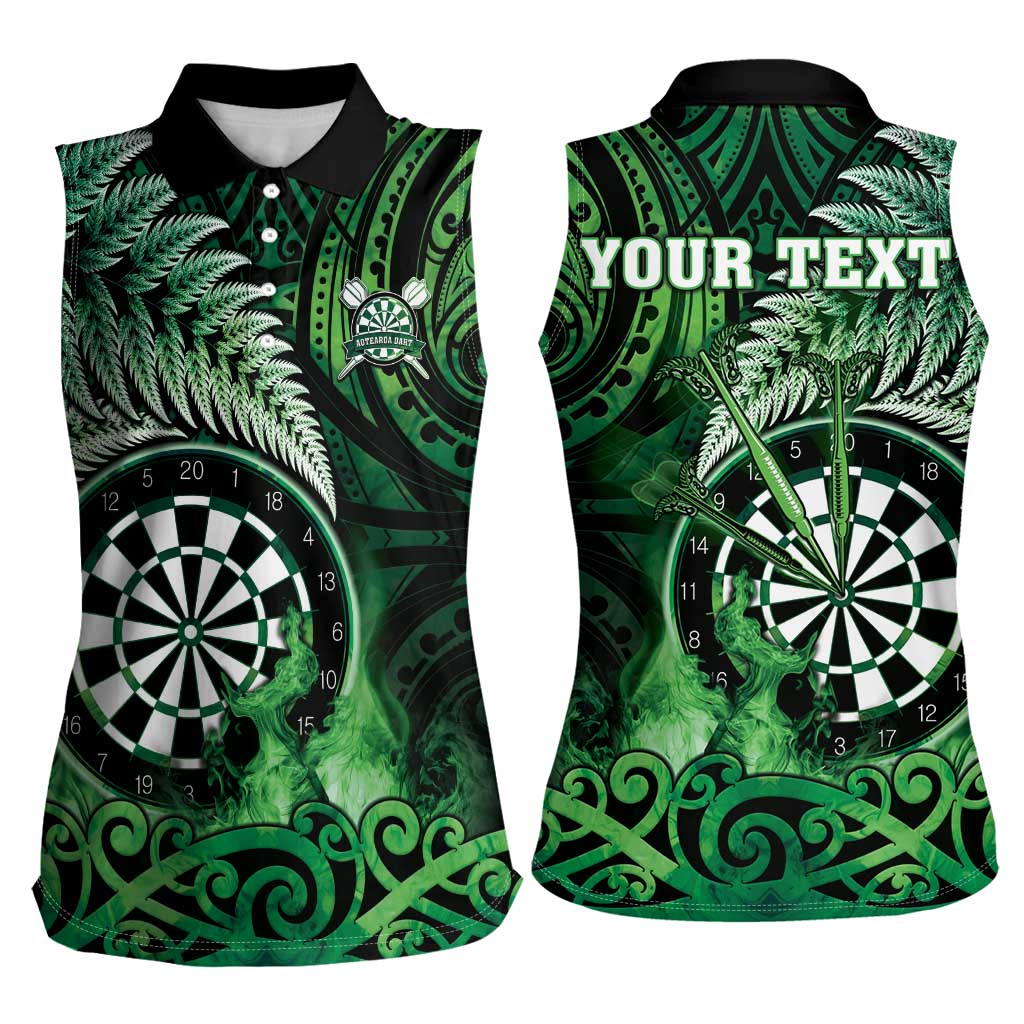 Personalised New Zealand Darts Women Sleeveless Polo Shirt Maori Koru Dartboard Green Flame LT05 - Polynesian Pride