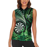 Personalised New Zealand Darts Women Sleeveless Polo Shirt Maori Koru Dartboard Green Flame LT05 - Polynesian Pride