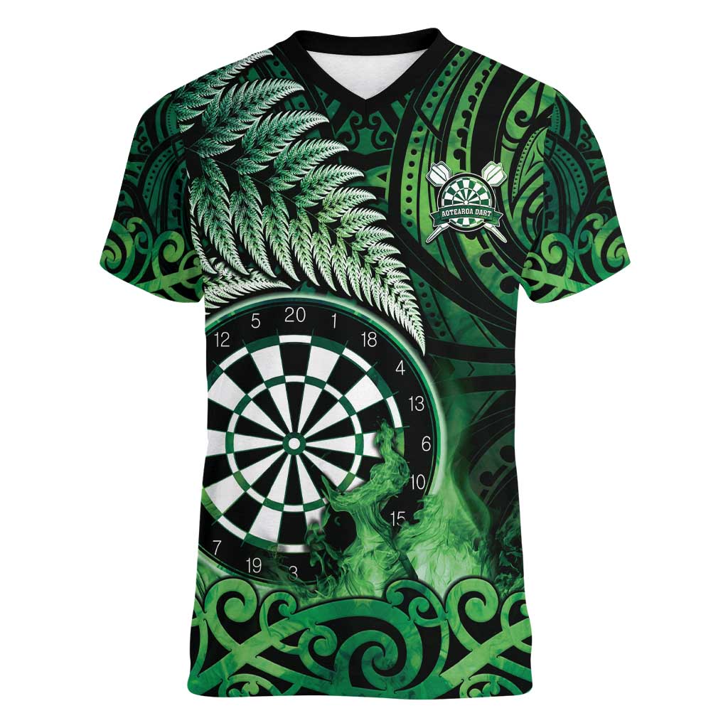 Personalised New Zealand Darts Women V-Neck T-Shirt Maori Koru Dartboard Green Flame LT05 Female Green - Polynesian Pride