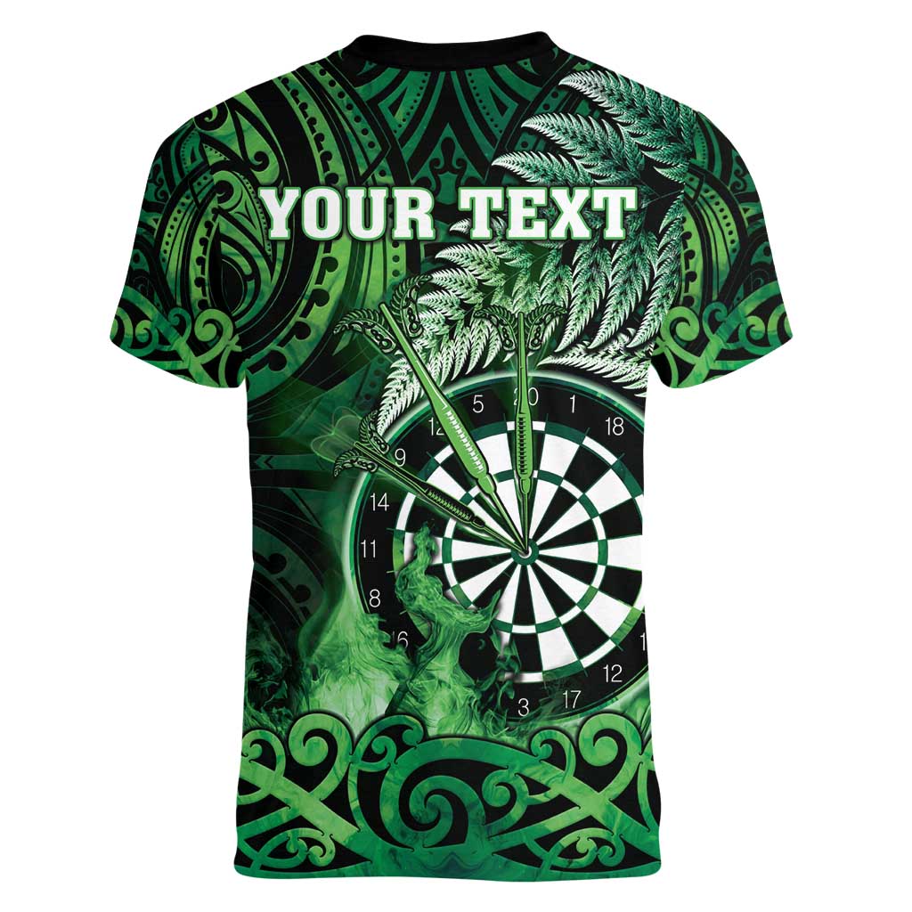 Personalised New Zealand Darts Women V-Neck T-Shirt Maori Koru Dartboard Green Flame LT05 - Polynesian Pride