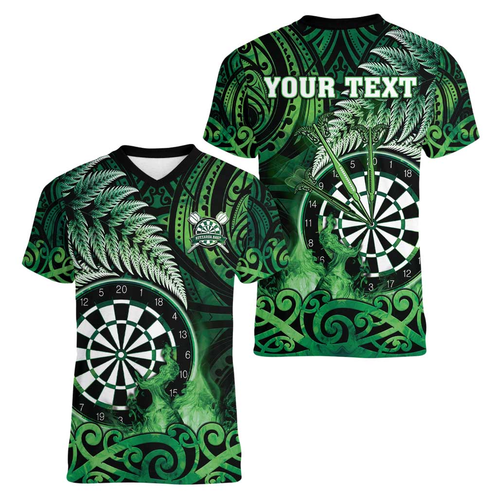 Personalised New Zealand Darts Women V-Neck T-Shirt Maori Koru Dartboard Green Flame LT05 - Polynesian Pride