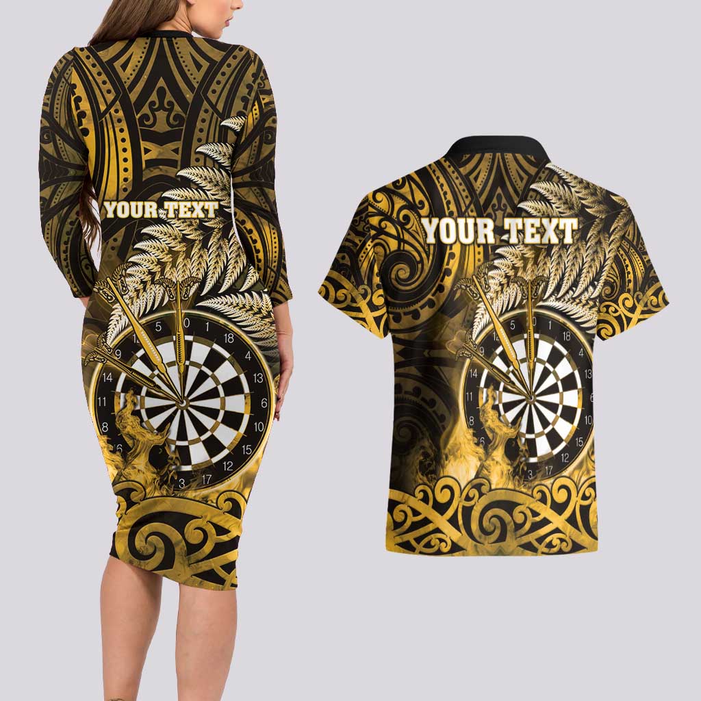 Personalised New Zealand Darts Couples Matching Long Sleeve Bodycon Dress and Hawaiian Shirt Maori Koru Dartboard Gold Flame LT05 - Polynesian Pride