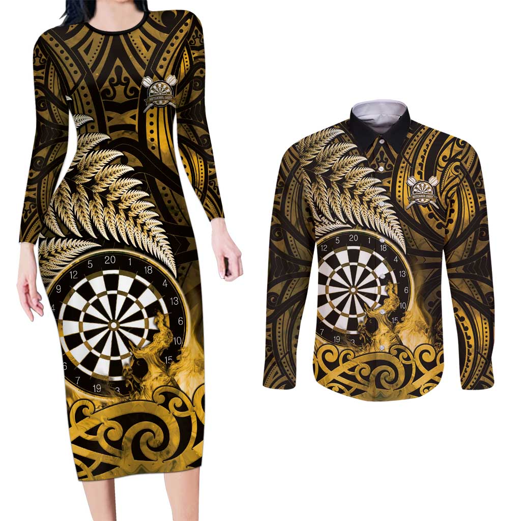 Personalised New Zealand Darts Couples Matching Long Sleeve Bodycon Dress and Long Sleeve Button Shirt Maori Koru Dartboard Gold Flame LT05 Gold - Polynesian Pride