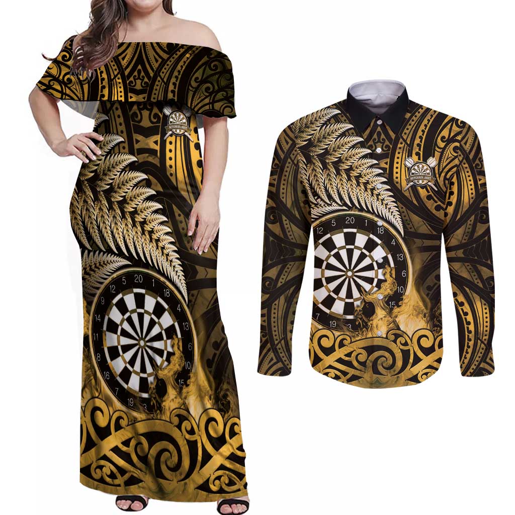 Personalised New Zealand Darts Couples Matching Off Shoulder Maxi Dress and Long Sleeve Button Shirt Maori Koru Dartboard Gold Flame LT05 Gold - Polynesian Pride
