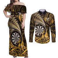 Personalised New Zealand Darts Couples Matching Off Shoulder Maxi Dress and Long Sleeve Button Shirt Maori Koru Dartboard Gold Flame LT05 Gold - Polynesian Pride