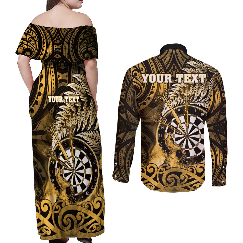 Personalised New Zealand Darts Couples Matching Off Shoulder Maxi Dress and Long Sleeve Button Shirt Maori Koru Dartboard Gold Flame LT05 - Polynesian Pride