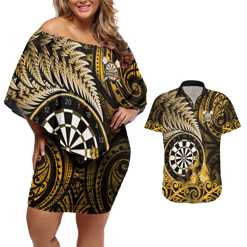 Personalised New Zealand Darts Couples Matching Off Shoulder Short Dress and Hawaiian Shirt Maori Koru Dartboard Gold Flame LT05 Gold - Polynesian Pride