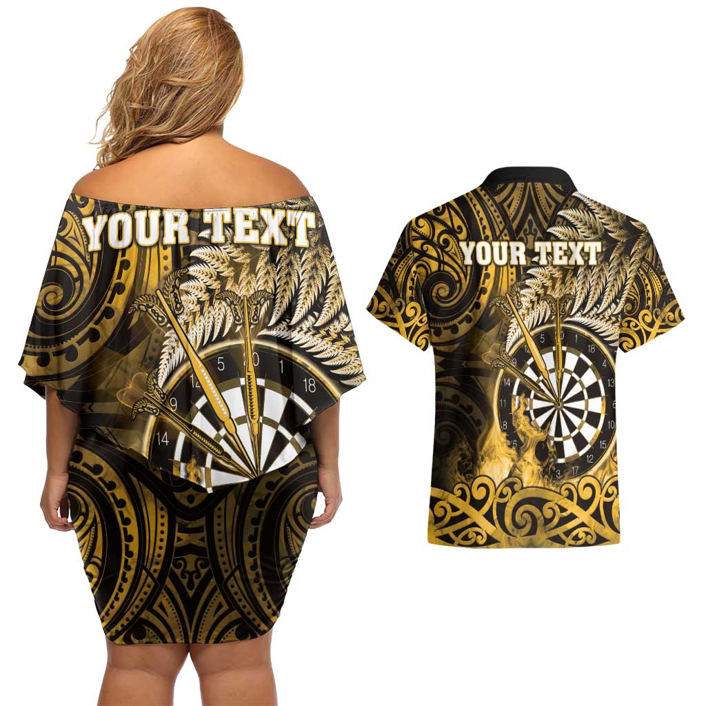 Personalised New Zealand Darts Couples Matching Off Shoulder Short Dress and Hawaiian Shirt Maori Koru Dartboard Gold Flame LT05 - Polynesian Pride