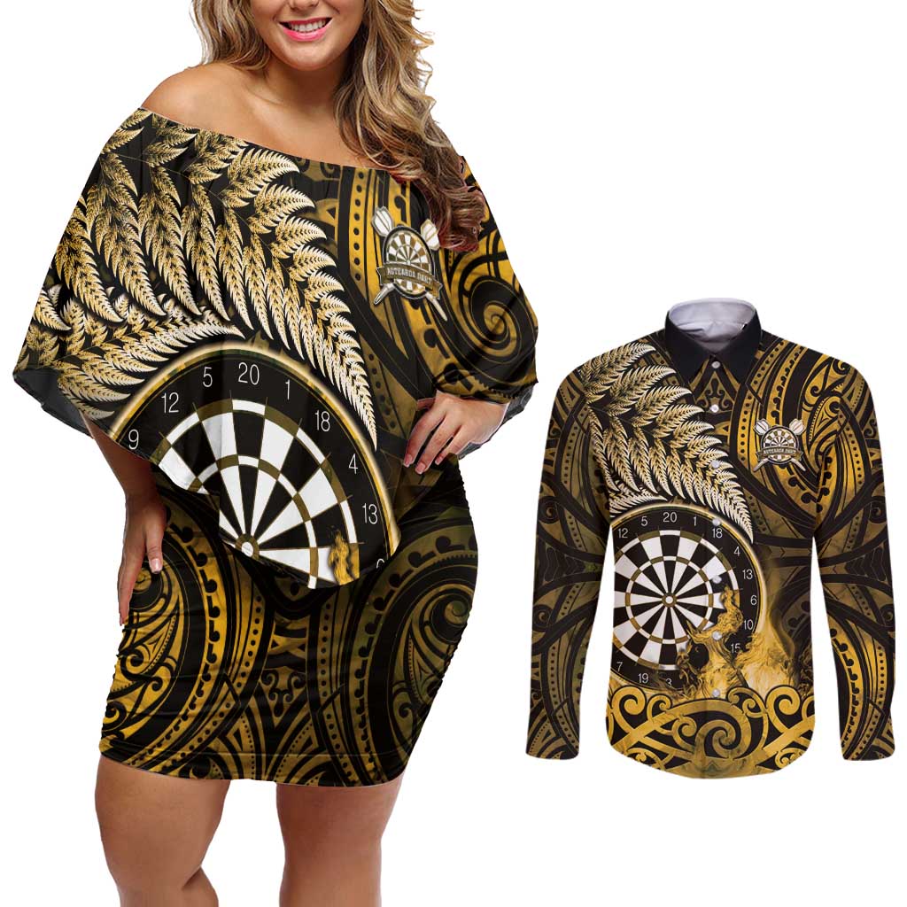 Personalised New Zealand Darts Couples Matching Off Shoulder Short Dress and Long Sleeve Button Shirt Maori Koru Dartboard Gold Flame LT05 Gold - Polynesian Pride
