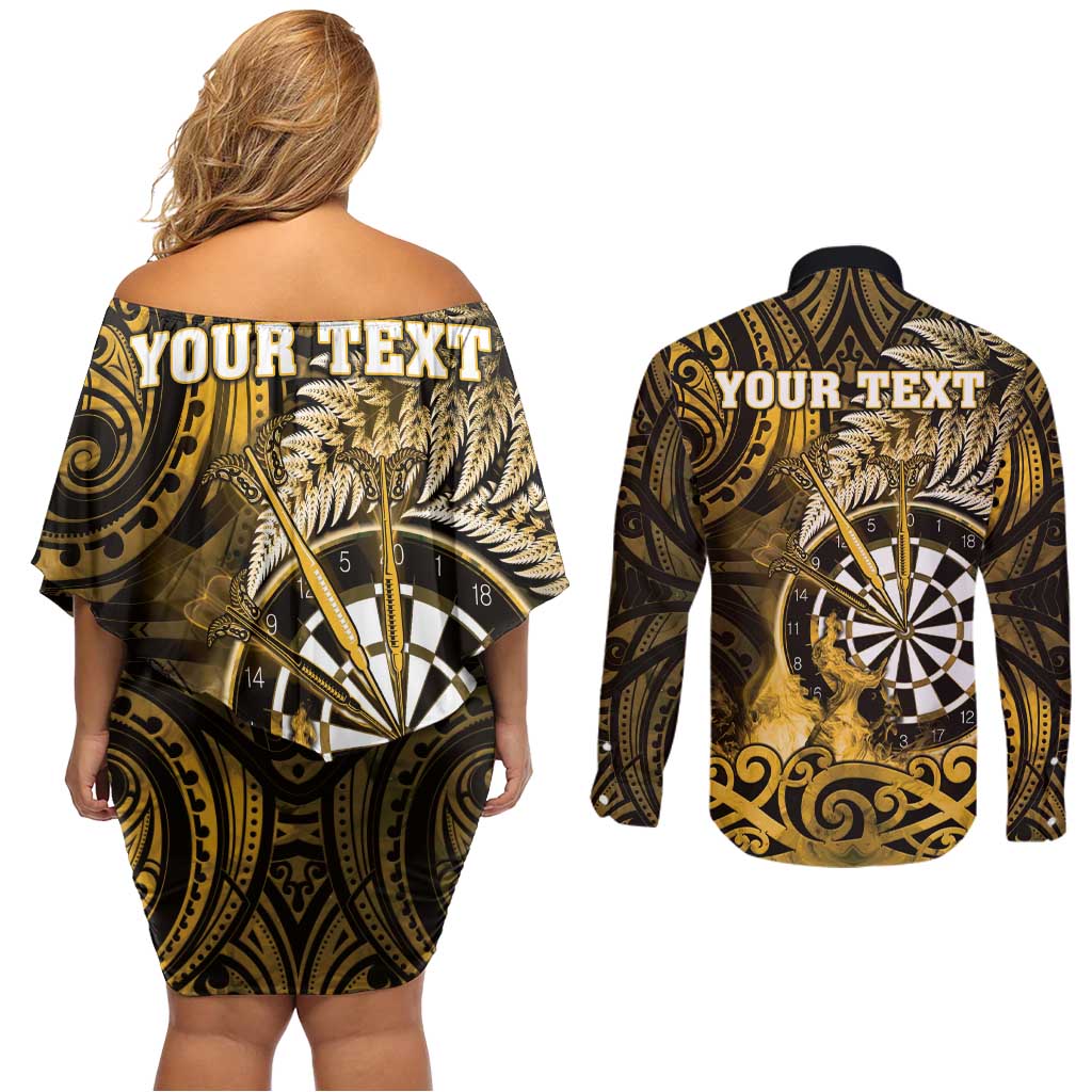 Personalised New Zealand Darts Couples Matching Off Shoulder Short Dress and Long Sleeve Button Shirt Maori Koru Dartboard Gold Flame LT05 - Polynesian Pride