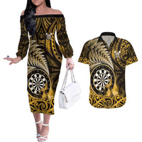 Personalised New Zealand Darts Couples Matching Off The Shoulder Long Sleeve Dress and Hawaiian Shirt Maori Koru Dartboard Gold Flame LT05 Gold - Polynesian Pride