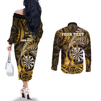 Personalised New Zealand Darts Couples Matching Off The Shoulder Long Sleeve Dress and Long Sleeve Button Shirt Maori Koru Dartboard Gold Flame LT05 - Polynesian Pride