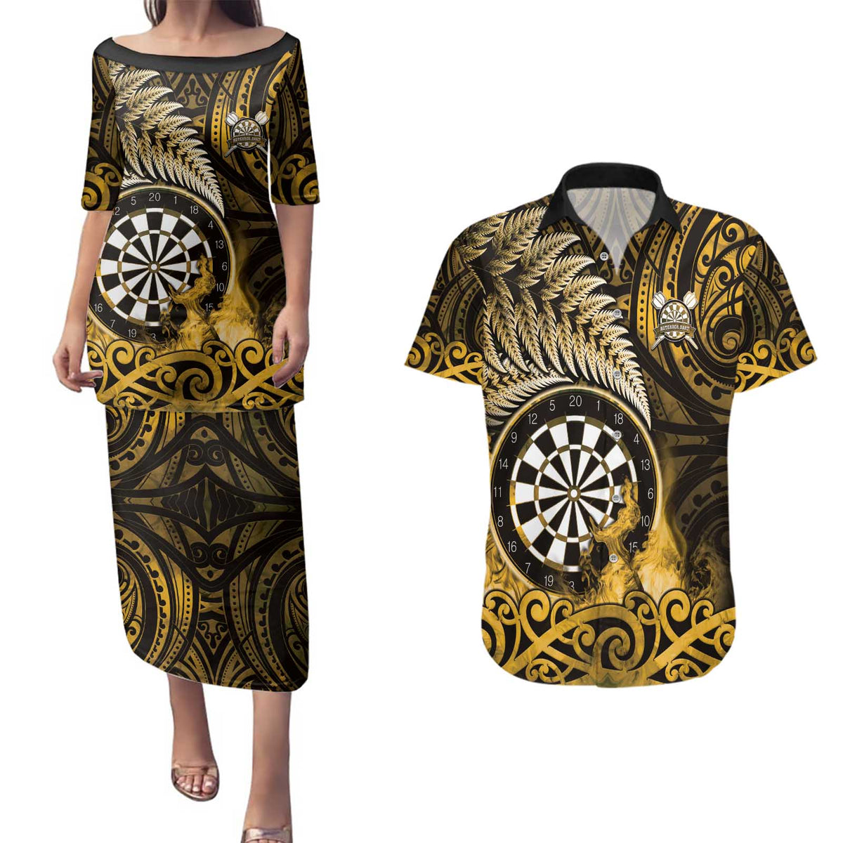 Personalised New Zealand Darts Couples Matching Puletasi and Hawaiian Shirt Maori Koru Dartboard Gold Flame LT05 Gold - Polynesian Pride