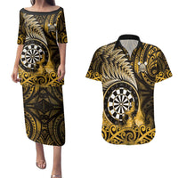Personalised New Zealand Darts Couples Matching Puletasi and Hawaiian Shirt Maori Koru Dartboard Gold Flame LT05 Gold - Polynesian Pride