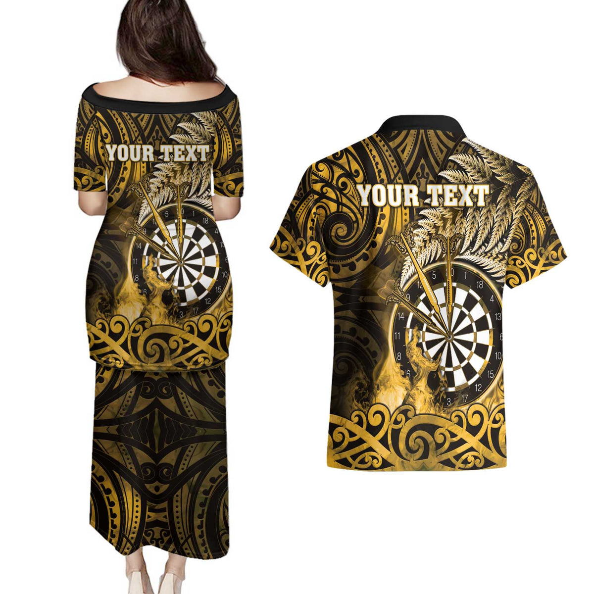Personalised New Zealand Darts Couples Matching Puletasi and Hawaiian Shirt Maori Koru Dartboard Gold Flame LT05 - Polynesian Pride