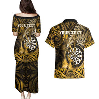 Personalised New Zealand Darts Couples Matching Puletasi and Hawaiian Shirt Maori Koru Dartboard Gold Flame LT05 - Polynesian Pride