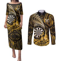 Personalised New Zealand Darts Couples Matching Puletasi and Long Sleeve Button Shirt Maori Koru Dartboard Gold Flame LT05 Gold - Polynesian Pride