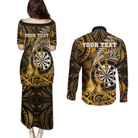 Personalised New Zealand Darts Couples Matching Puletasi and Long Sleeve Button Shirt Maori Koru Dartboard Gold Flame LT05 - Polynesian Pride