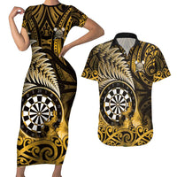 Personalised New Zealand Darts Couples Matching Short Sleeve Bodycon Dress and Hawaiian Shirt Maori Koru Dartboard Gold Flame LT05 Gold - Polynesian Pride