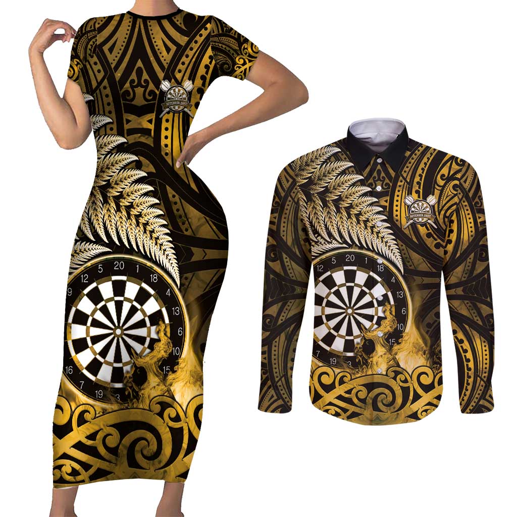 Personalised New Zealand Darts Couples Matching Short Sleeve Bodycon Dress and Long Sleeve Button Shirt Maori Koru Dartboard Gold Flame LT05 Gold - Polynesian Pride